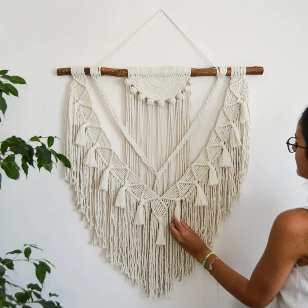 Arazzo Macramè A Foglia Con Nappe – Decorazione Murale Boho Fatta A Mano In Cotone, Giallo Chic Per Camera E Soggiorno