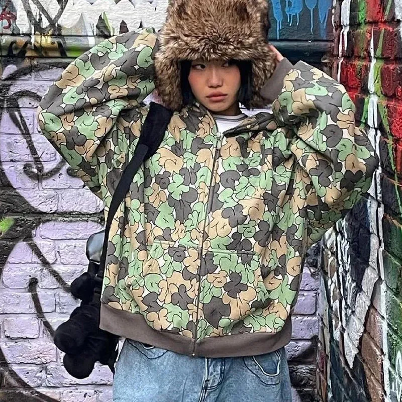 2024Harajuku Vintage Goth Oversized Zip Hoodie Sweatshirt for