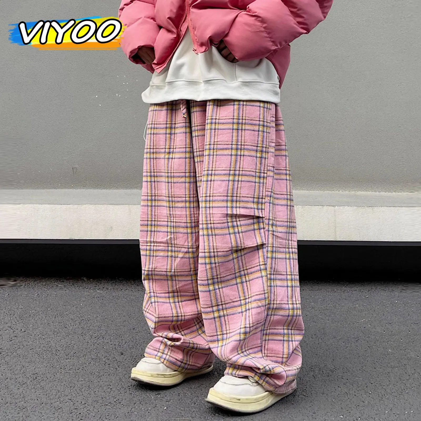 Mens Pink Vintage Oversized Plaid Pants Summer Baggy Wide Leg
