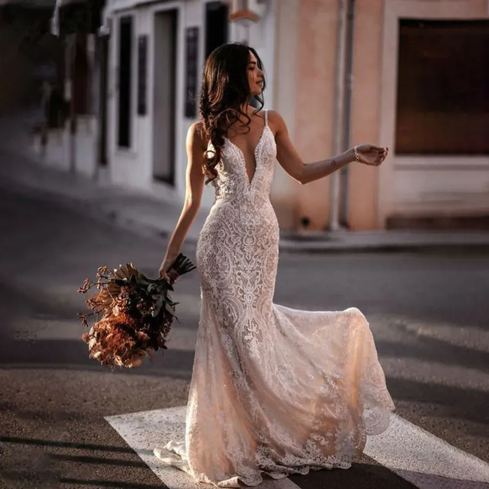 Charming Bridal Spaghetti Strap Lace Wedding Dress V Neck Mermaid Gown With  Appliques Custom Size Bridal Gown From Bestbrides, $172.95 | DHgate.Com
