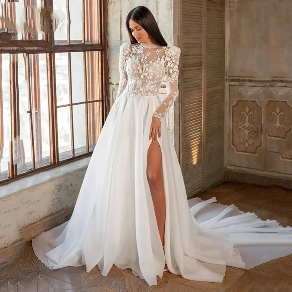 Illusion Top Wedding Gowns, High Neck Bridal Gowns, A Line Tulle Wedding  Dress With Thigh High Slit, Applique Chiffon Gown With Long Sleeves From  Bestbrides, $167.88 | DHgate.Com