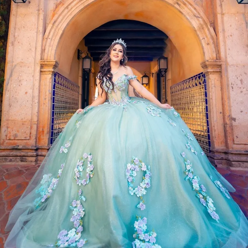 Shiny Off-Shoulder Lace Applique Quinceanera Ball Green Ball gown Dress in Light Green with Beading and Tull Corset - Perfect for Sweet 16 and Shiny Off-Shoulder Lace Applique Quinceanera Ball Green Ball gown Dress in Light Green with Beading and Tull Corset - Perfect for Sweet 16 and