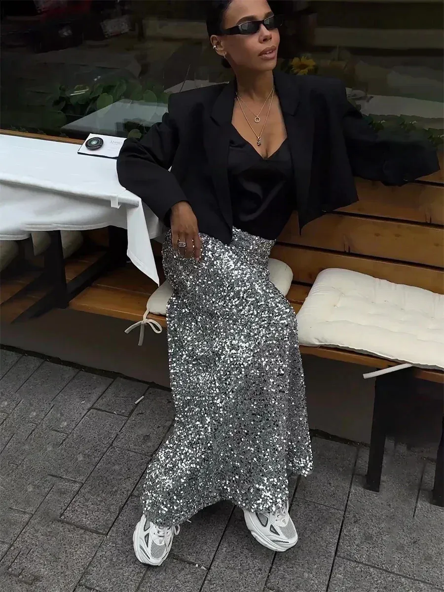 Sequin Plus Size Skirt Elegant Velvet Long Skirt With Delicate