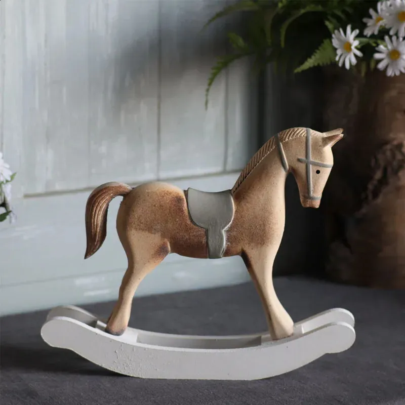 Nordic Style Wooden Rocking Horse Handpainted Tabletop Decorative