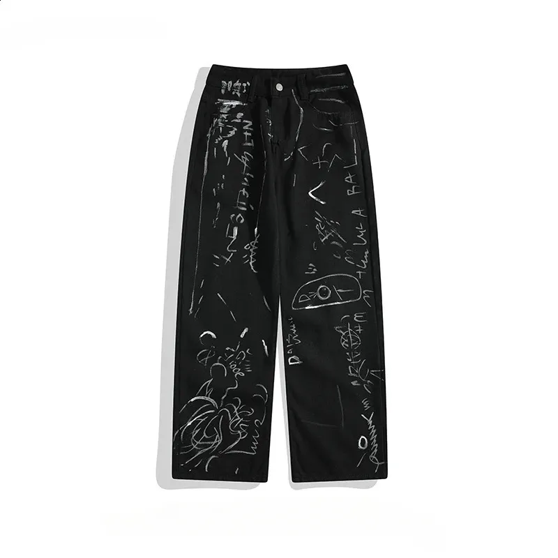 Jeans Rectos De Graffiti Pintados A Mano Para Hombres |Denim Negro - Main Image