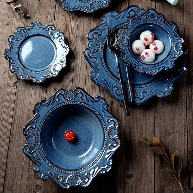 Baroque Relief Ceramic Plates and Bowls Vintage Carved Dinnerware Set for  Dessert, Salad, and Tea Parties