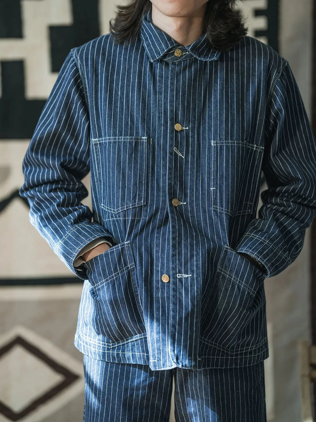 Vintage Railroad Stripe Denim Waxed Trucker Jacket For Men 12oz 