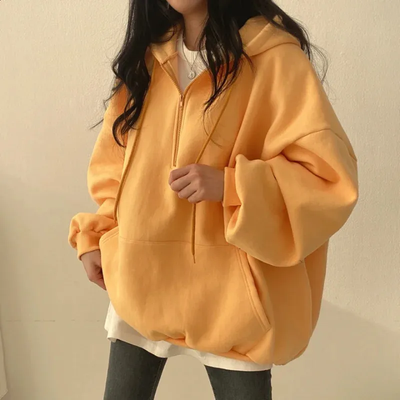 Harajuku Hoodies Womens Half Zipper Pullover: Loose Fit
