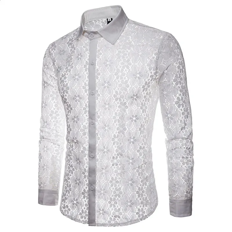 Mens floral decal embroidered lace transparent dress shirt with single  breasted closure from Dhgate Men's Casual Shirts - price 57.39