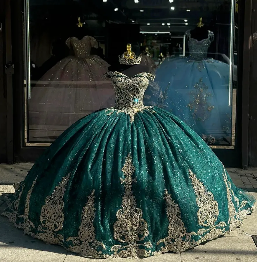 dark green with gold quince dress Long Cap Sleeve Quinceañera Ball Gown in Hunter Green - Elegant Sweetheart Neckline main image 1