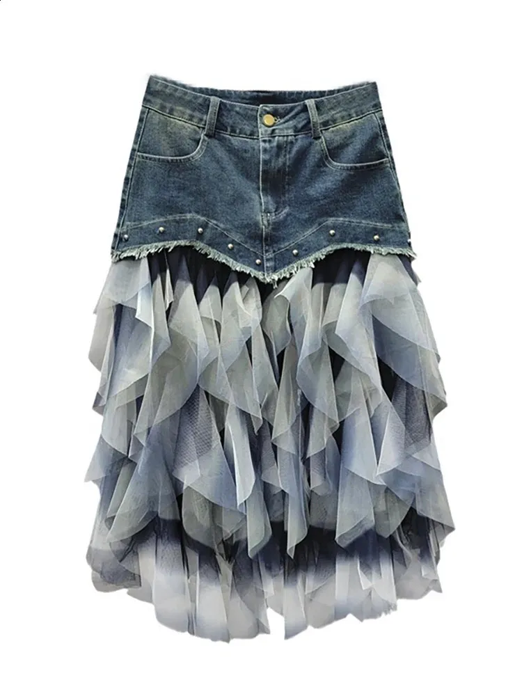High Waist Rivet denim jean skirt for Women - Slim Patchwork