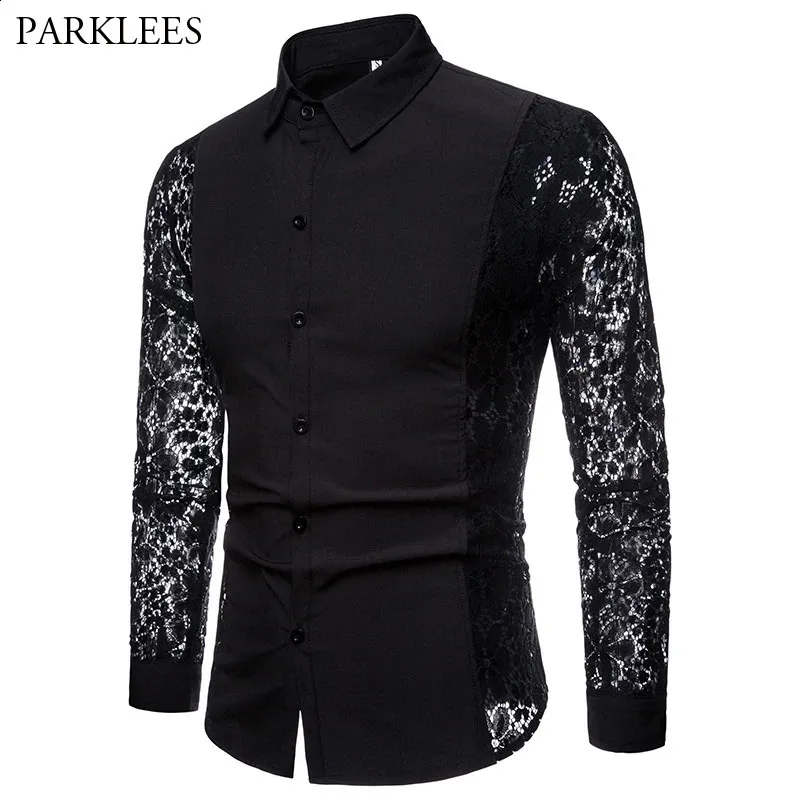 Mens floral decal embroidered lace transparent dress shirt with single breasted closure from Dhgate Men's Casual Shirts - price 57.39 Mens floral decal embroidered lace transparent dress shirt with single breasted closure from Dhgate Men's Casual Shirts - price 57.39