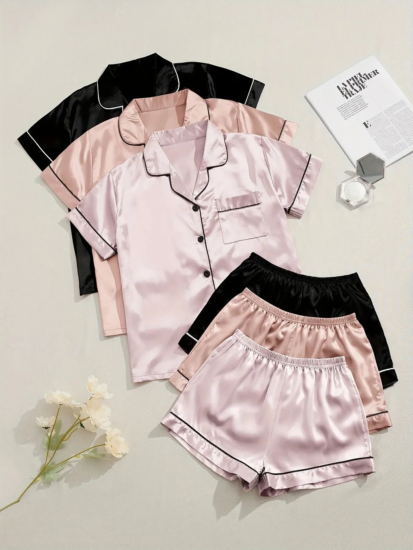 Satin Pyjama Set Womens: Soft Sleepwear Set With Short Sleeve Top