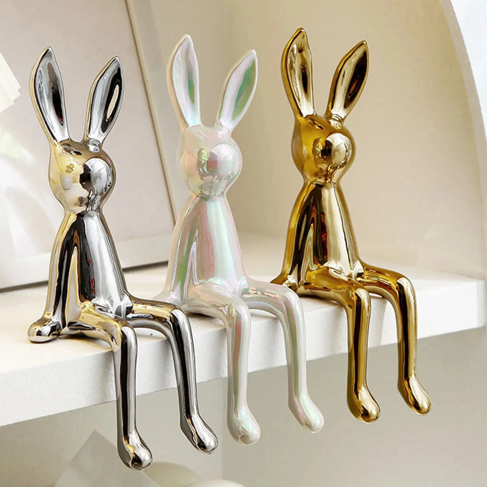 Statue Lapin En Céramique Argenté - Figurine Déco Bureau, Étagère, Centre De Table - Ornement Nordique