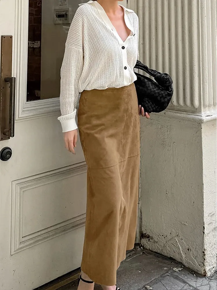 High Waist Khaki Skirt: Womens Elegant Faux Suede Maxi Skirt