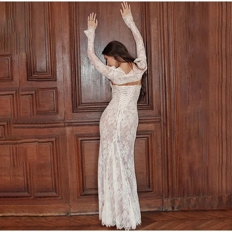 long sleeve two piece dress set Sexy Lace Two-Piece Dress Set for Women Fall Winter Floor-Length Long Sleeve  with Shawl and Belt from Dhgate Urban Sexy Dresses