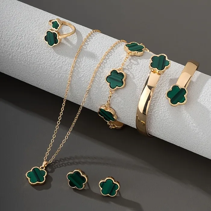 DHgate Exquisite Alloy Jewelry Set Lucky Flower Design Necklace Earrings Bracelet and Bangle Trendy Gift for Women Jewelry