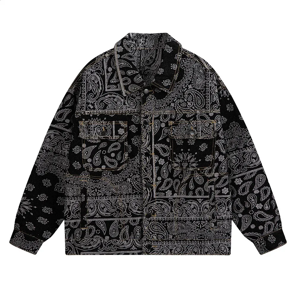 ジャケット・アウター MLVINCE paisley jacquard trucker jacket Mens Paisley Jacquard Denim Jacket - Black & Blue - Loose Fit