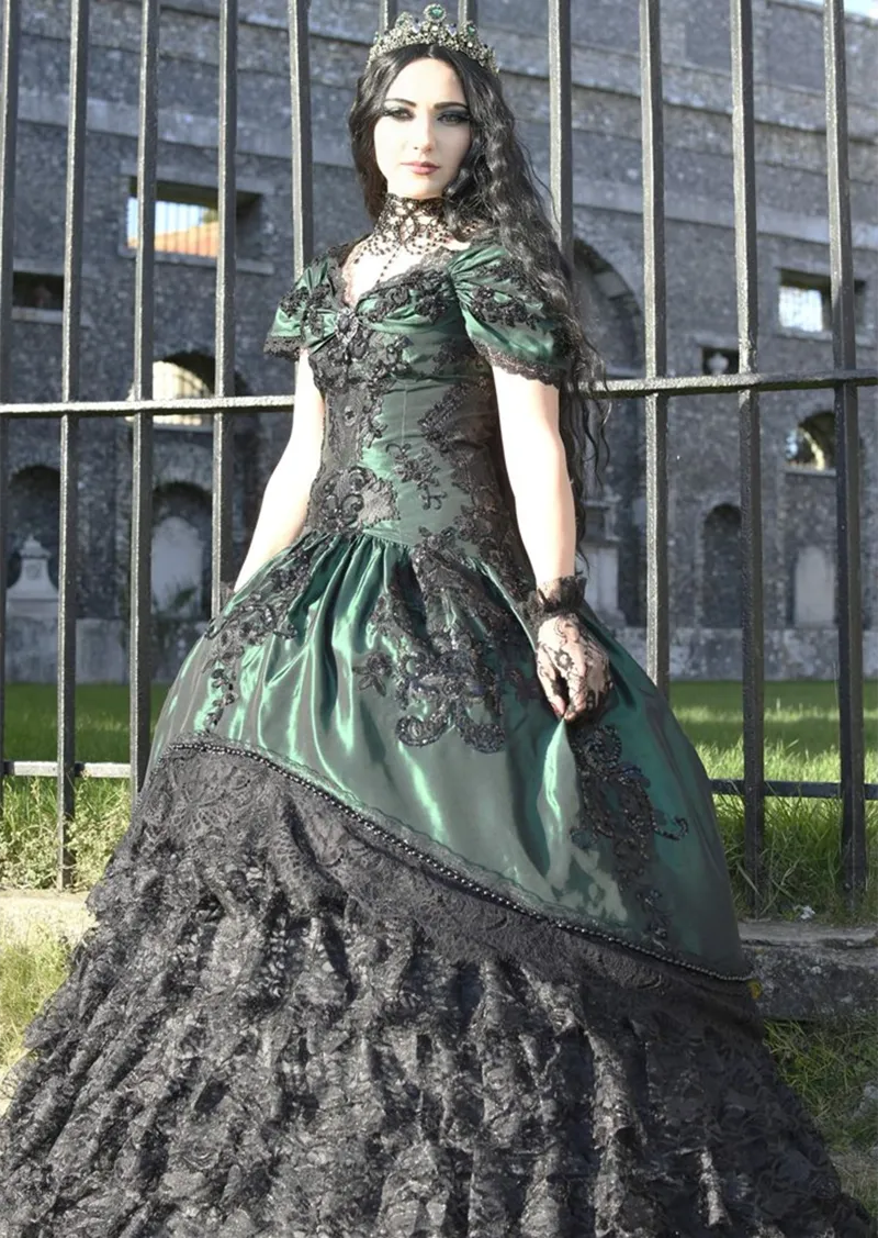 Gothic Green Black Ball Gown Wedding Dress Lace Appliqued