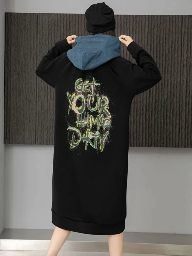 EAM Women Color Block Velvet Pullover Sweater Dress Hooded Long Sleeve  Floor-Length Winter 31A0836