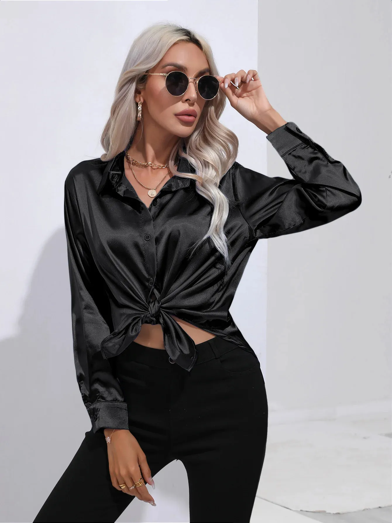 トップス fetico23SS BLACKCUTOUT SATIN SHIRT Women's Acetate Satin Shirt Short Sleeve Button Up XXL, Summer