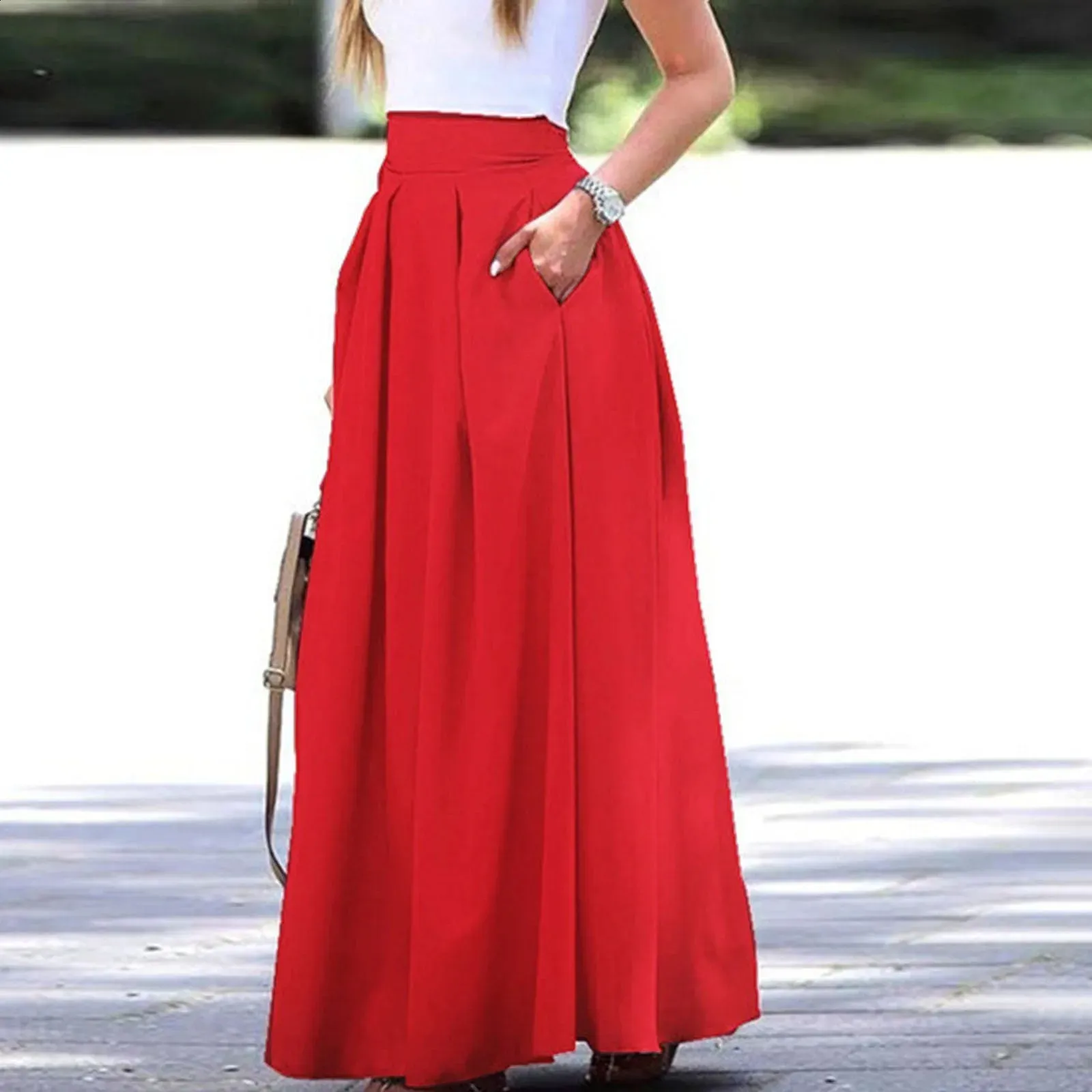 Neteson Gonna Lunga Donna Estiva Elegante Maxi Gonne Lunghe a Vita Alta Gonna Pieghe con Tasche Linea A Gonne Trapezio Elastiche Casual Spiaggia Bohemien