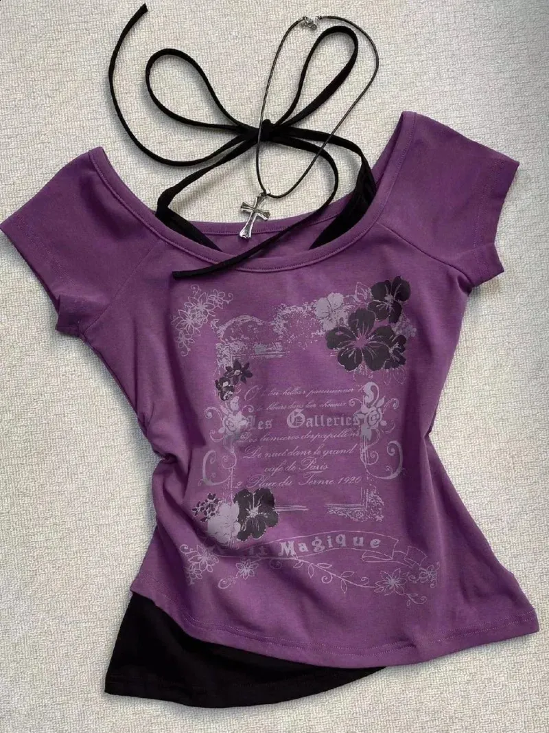 Retro Y2K Purple Halter T-Shirt: Printed Slim Fit Millennium Harajuku Style