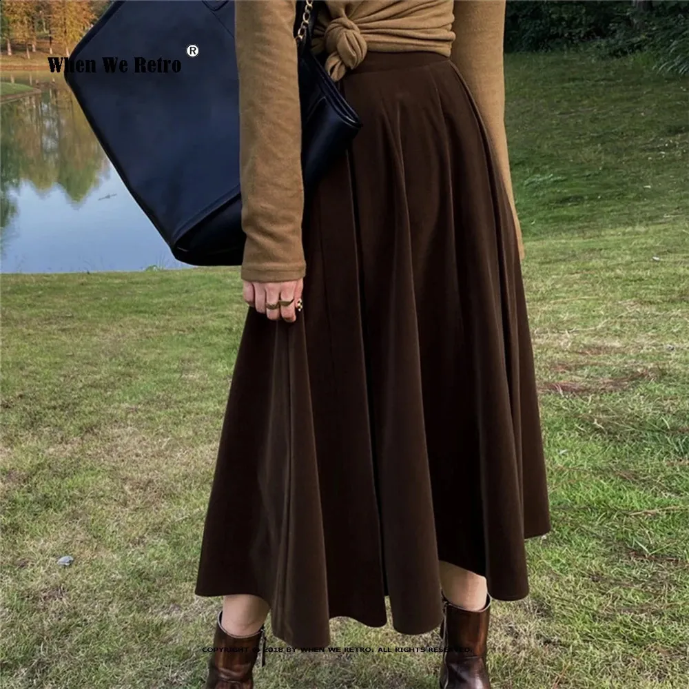 スカート vintage Black velvet flared long skirt Plus Size Black Pleated Skirt, High Elastic Waist Velvet