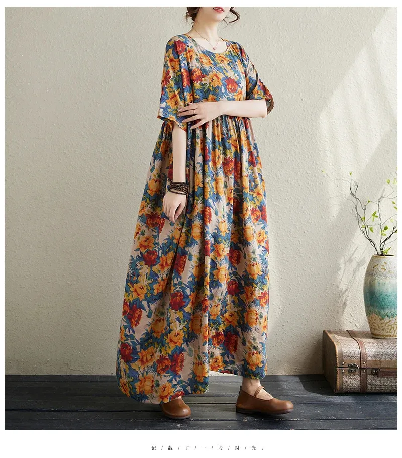 Oversized Summer Flower Floral Print Long Dresses Women Pleated Fashion Ladies Dresses Casual Loose Woman Dress 240806