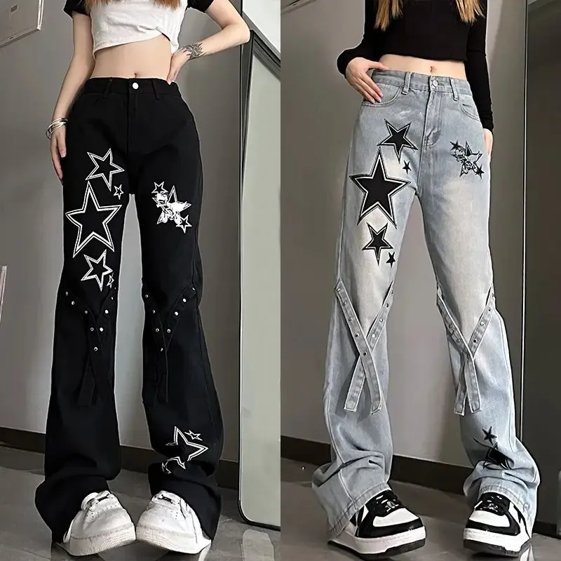 Harajuku Vintage High Waist baggy jeans with Y2K Patchwork