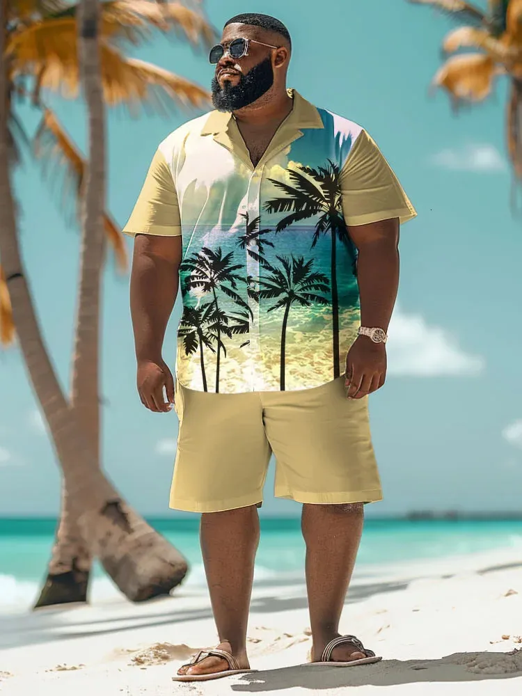 Plus Size Mens Summer Short Sleeve Shirt Set Two Piece Hawaii