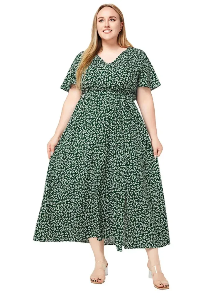 Plus Size Floral Print Summer Long Dress Women Loose Ruffle Pleated Modis Casual Ladies Dresses Short Sleeve Woman V-Neck Dress 240806