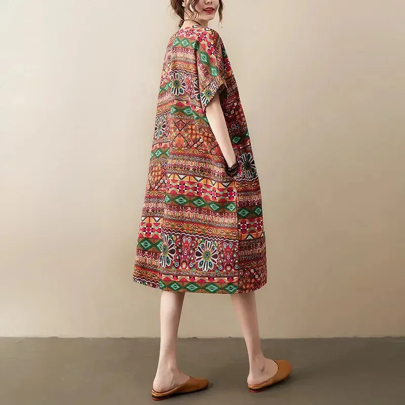 Vintage Elegant Plus Size Cotton Knit dress with Cable Knitting, Loose Fit, Short Sleeves, and Over Knee Length - Perfect for Summer (240806)