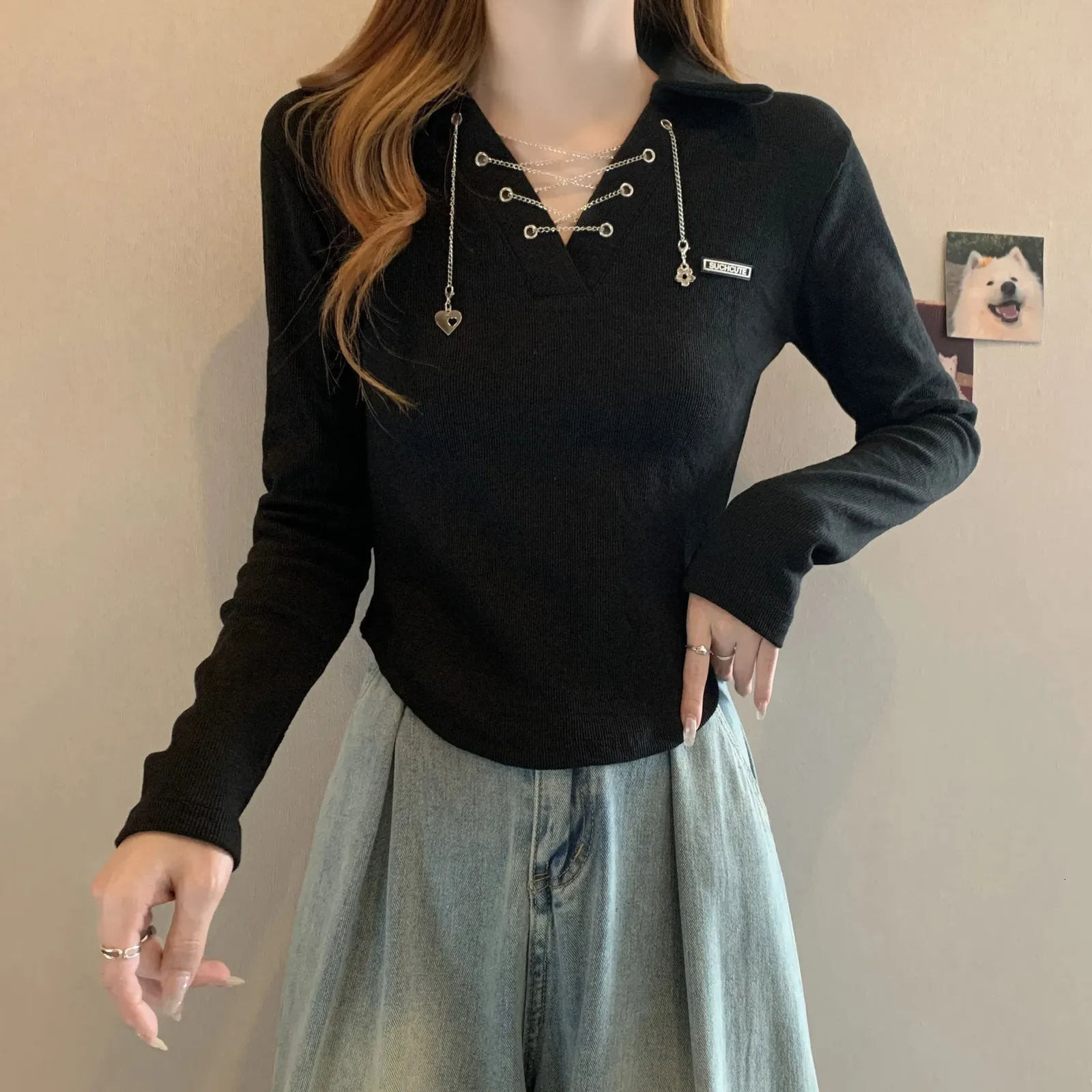 Chic Knit Polo Top - Long Sleeve Black Shirt for Autumn, Shop Now