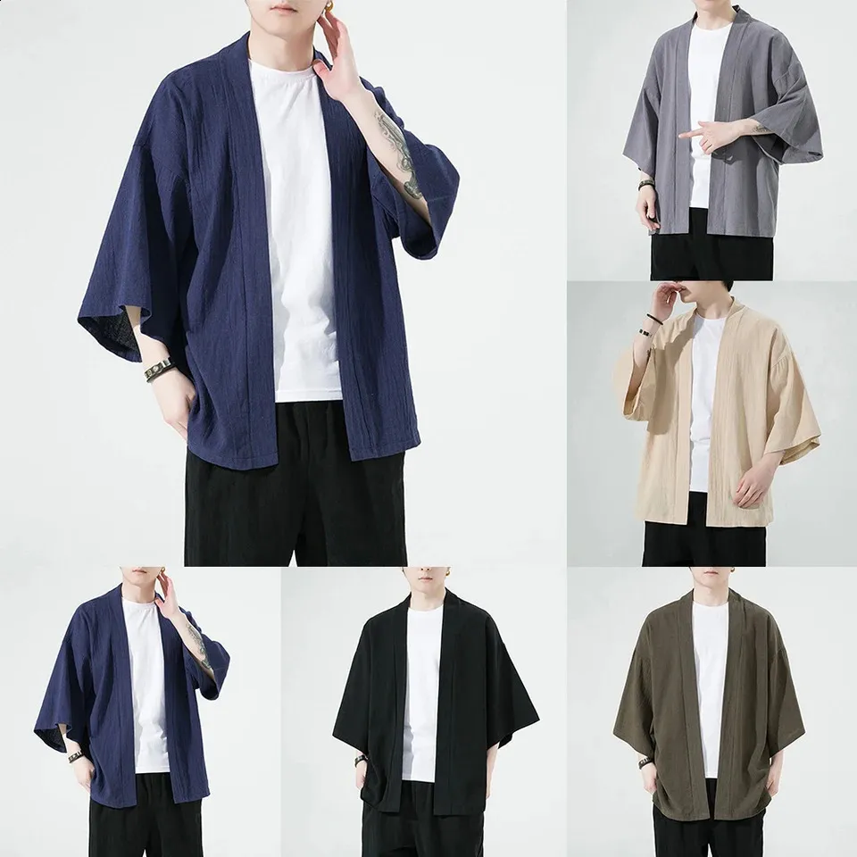 Men's Japanese Kimono Jacket – Linen Cotton Blend, Baggy Cardigan, Retro Casual Tops, Floral