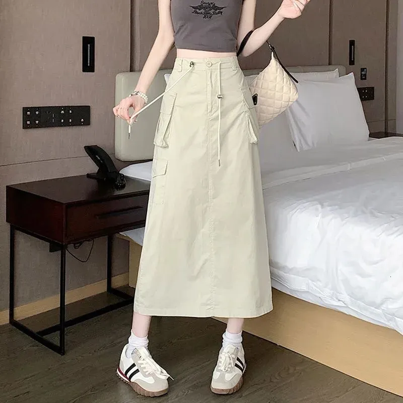 【BAON】Kaopi Cotton Banding Cargo Long Skirt High Waist Cargo Pants Women Solid Color Long Skirt: Vintage