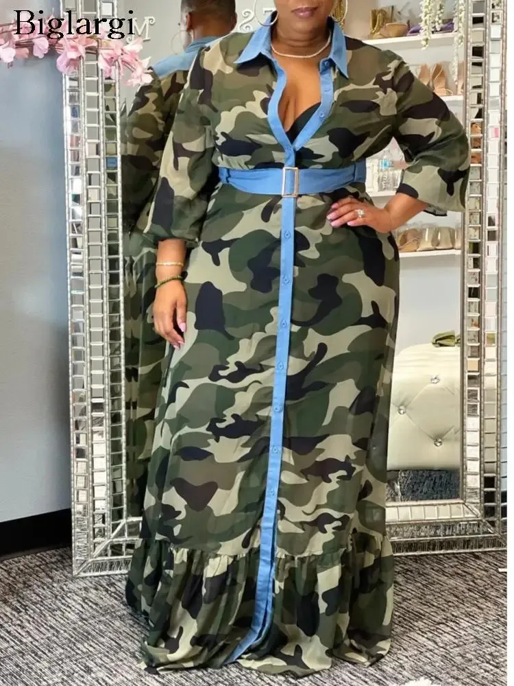 Plus Size Camouflage Print Long Shirt Dress Womens Loose Ruffle