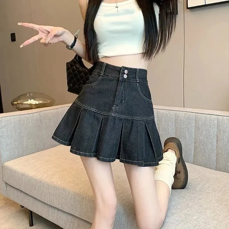 SHENHE Women's Denim Ruffle Mini Skirt With Shorts - High Waist, A-Line, Button Front