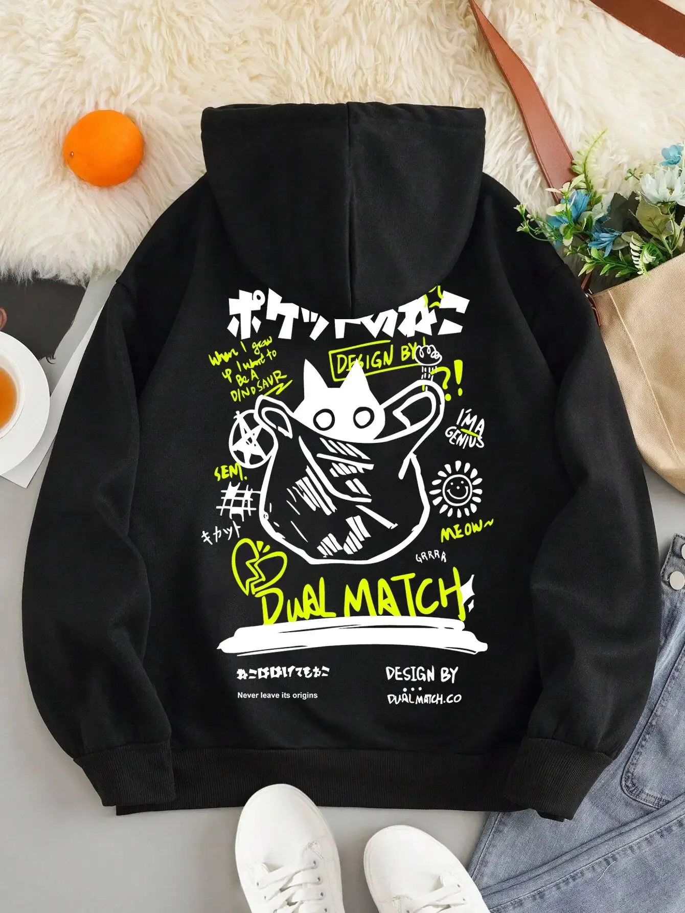 Y2K Kawaii Cat Hoodie - Womens Cartoon Pullover, Harajuku