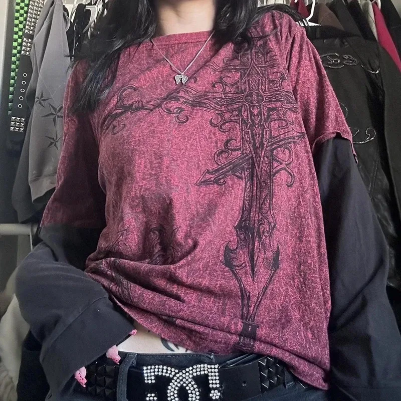 Y2K Grunge Emo Vintage Long Sleeve T-Shirt - Patchwork Cross Cyber Goth Design, Unisex Harajuku Loose Fit Top Y2K Grunge Emo Vintage Long Sleeve T-Shirt - Patchwork Cross Cyber Goth Design, Unisex Harajuku Loose Fit Top