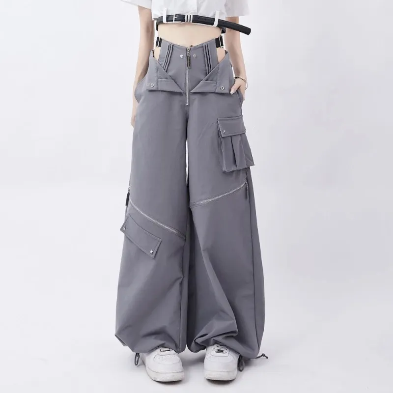 Original Grey Cargo Pants Women Summer Casual Multi Zip Pockets