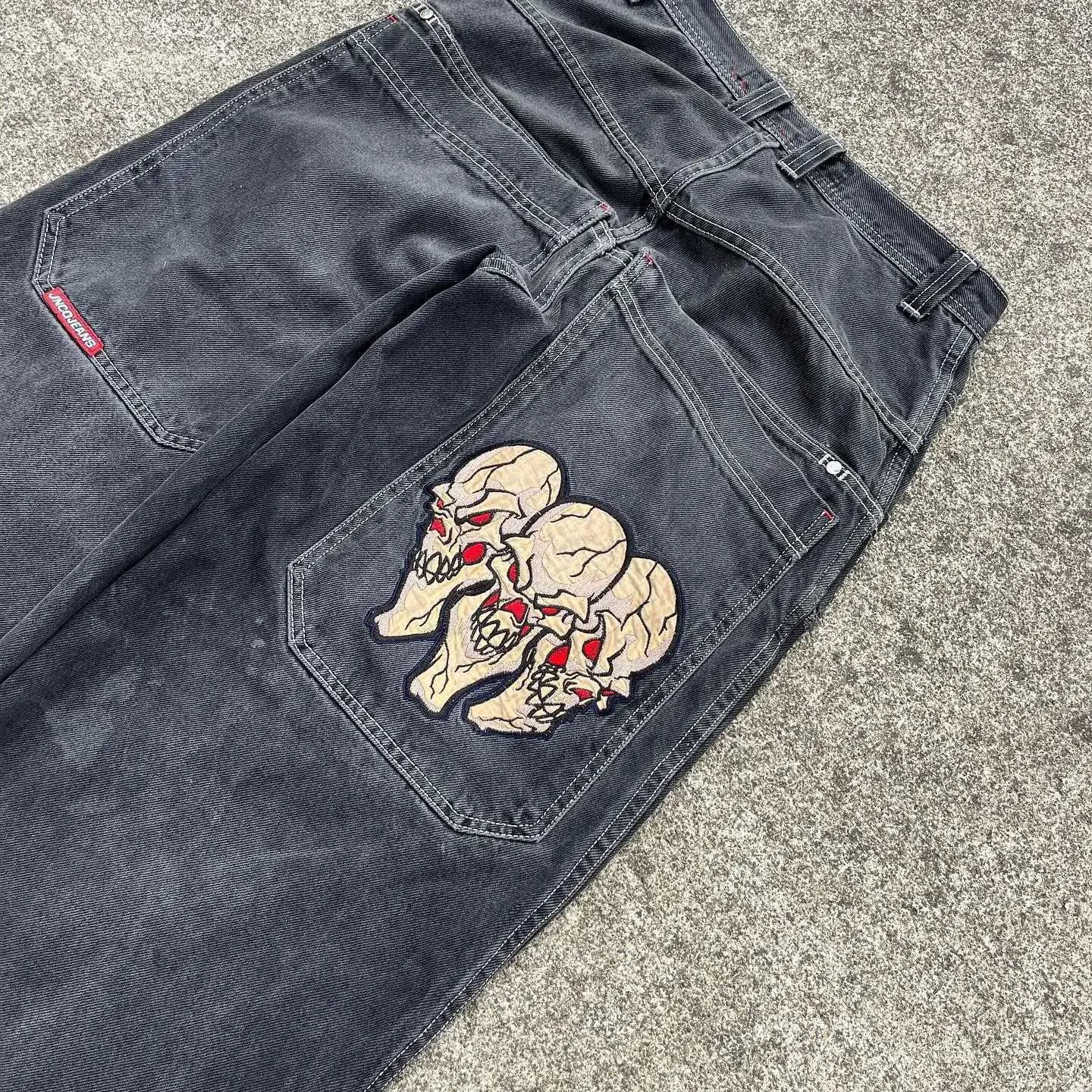 Three Skulls Denim Jeans Mens Retro Baggy Low Rise Black Straight 