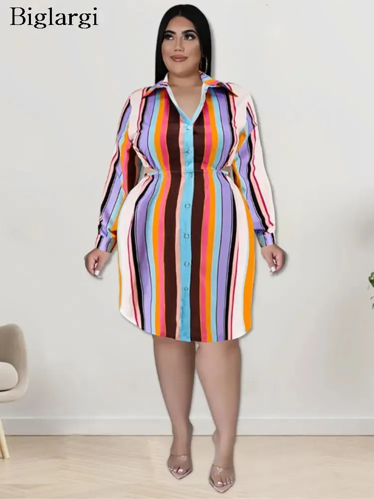 Plus Size Autumn Striped Print Midi Shirt Dress Women Irregular Fashion Long Sleeve Ladies Dresses Pleated Woman Dress 240806