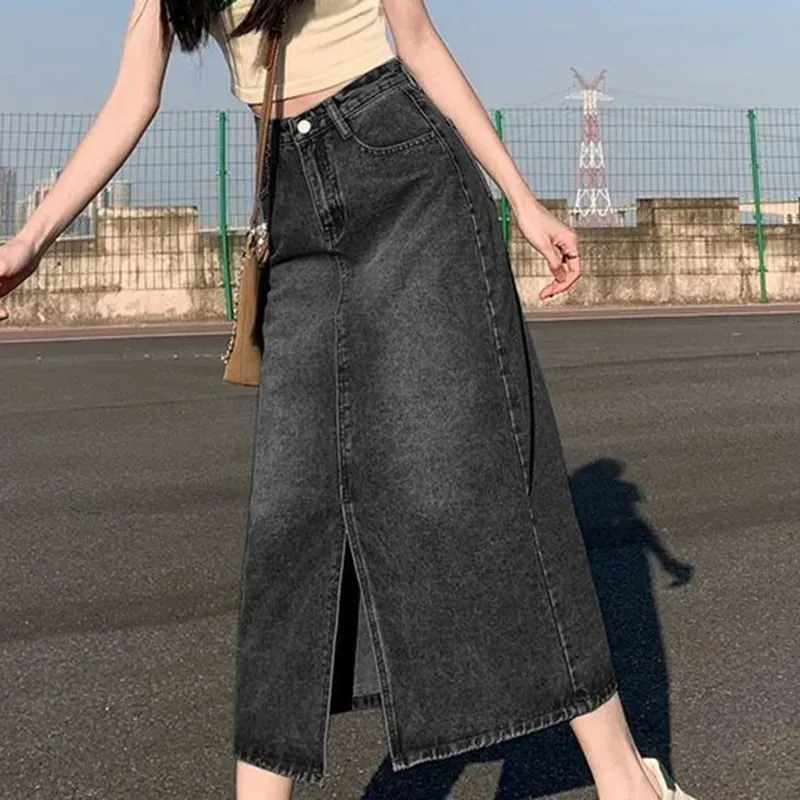 【WONDER WONDER】Bare A-line side slit raw denim long skirt Jean Skirt With Slit High Waisted Denim Midi Skirt, A Line