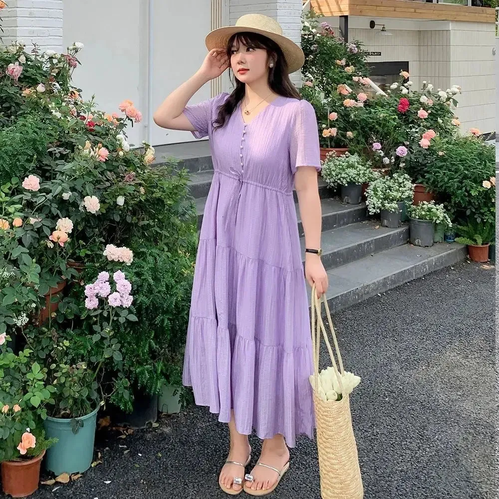 Plus Size Women's Summer Maxi Dress, High Waist, V Neck, Oversized Short Sleeve, Solid Color