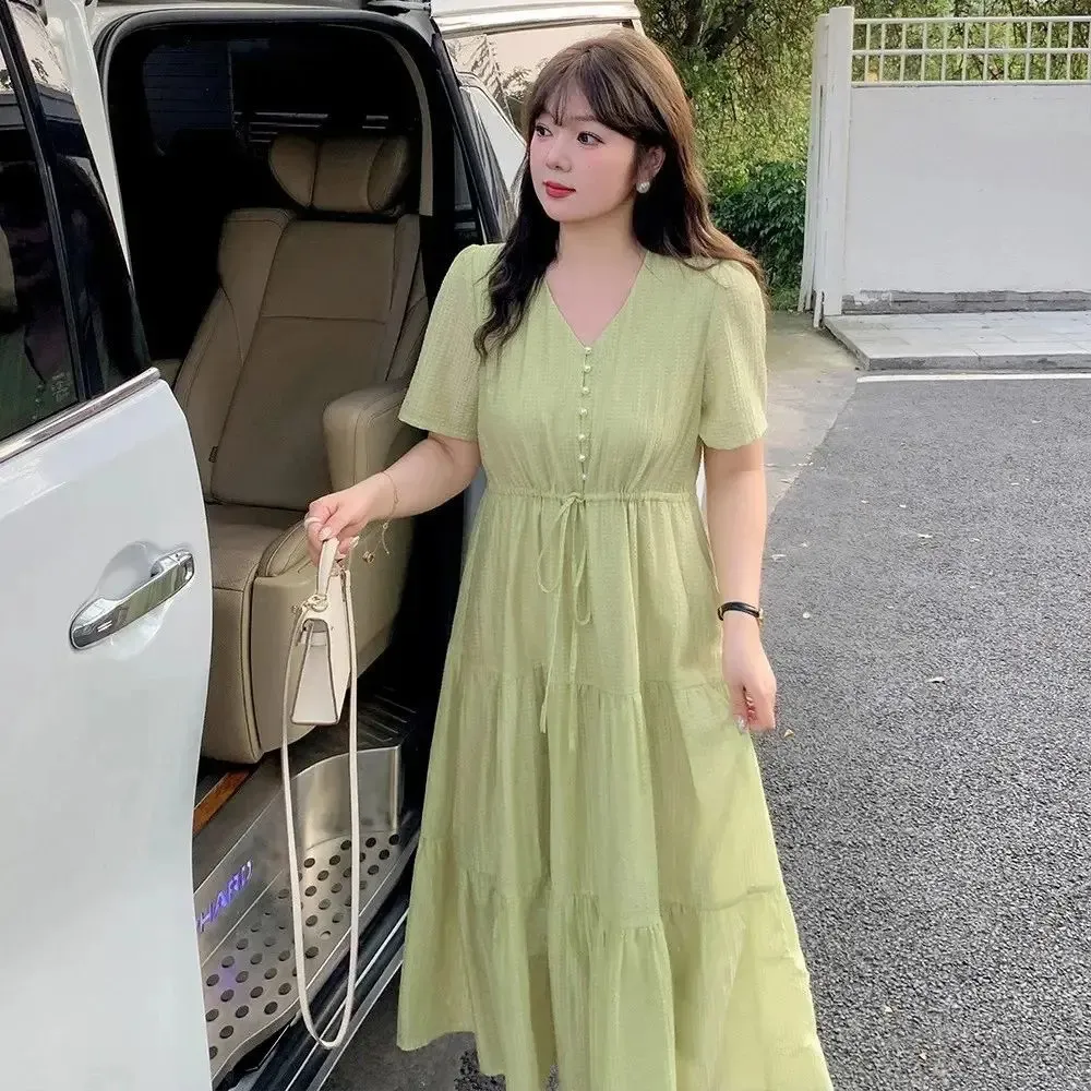 Summer Maxi Dress for Plus Size Women - 5XL, 150kg, High Waist, V Neck, Oversized Short Sleeve, Solid Color (240806)