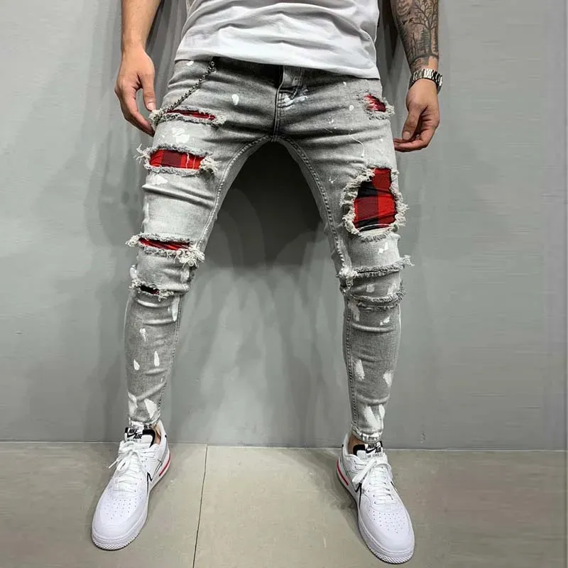 Autumn Patchwork Ripped Jeans for Men - Distressed Skinny Fit Denim ...