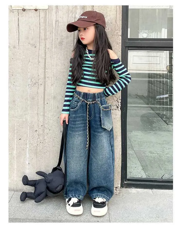 Generisch Pantalons Filles Pantalon Pantalon Enfants Fille Pantalon Décontracté pour Fille Jambe Droite Jambe Large Jeans pour le Quotidien Taille Élastique Tenue Confortable Printemps / Été, Marine