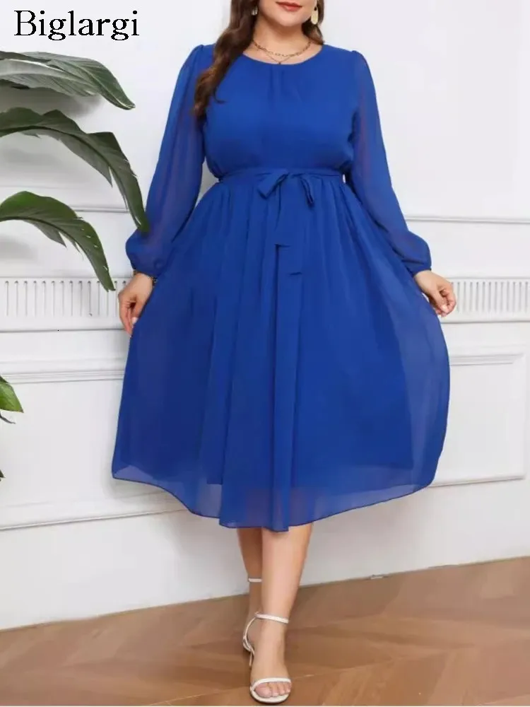 Plus Size Chiffon Spring Summer Midi Dress Women Long Sleeve Fashion Elegant Ruffle Pleated Ladies Dresses Loose Woman Dress 240806