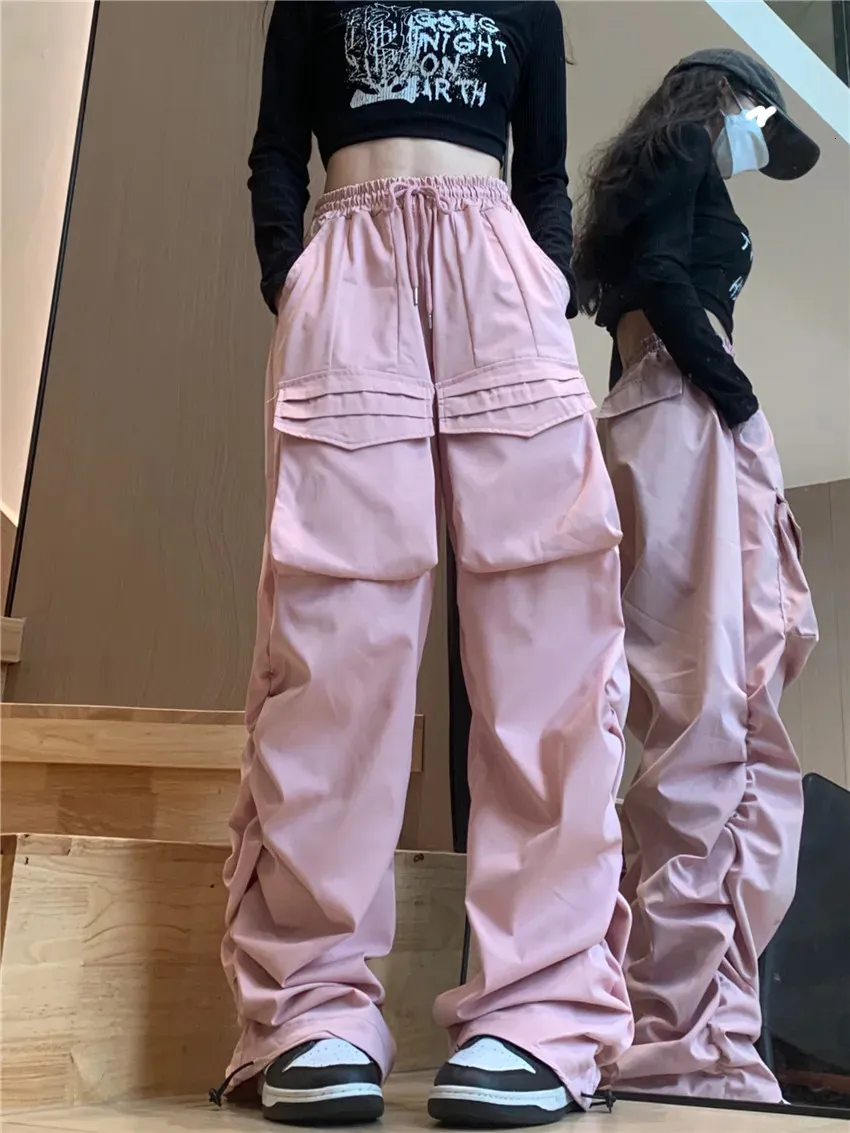 Pink Baggy Cargo Pants: High Waist Y2K Style, Harajuku Shop Now!  Best Seller!